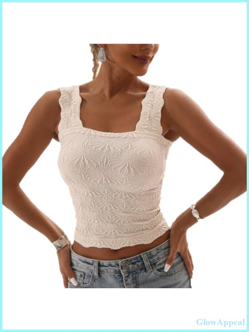 Square Neck Seamless Floral Crop Cami Slim Fit Lettuce Trim Wide Strap Tank